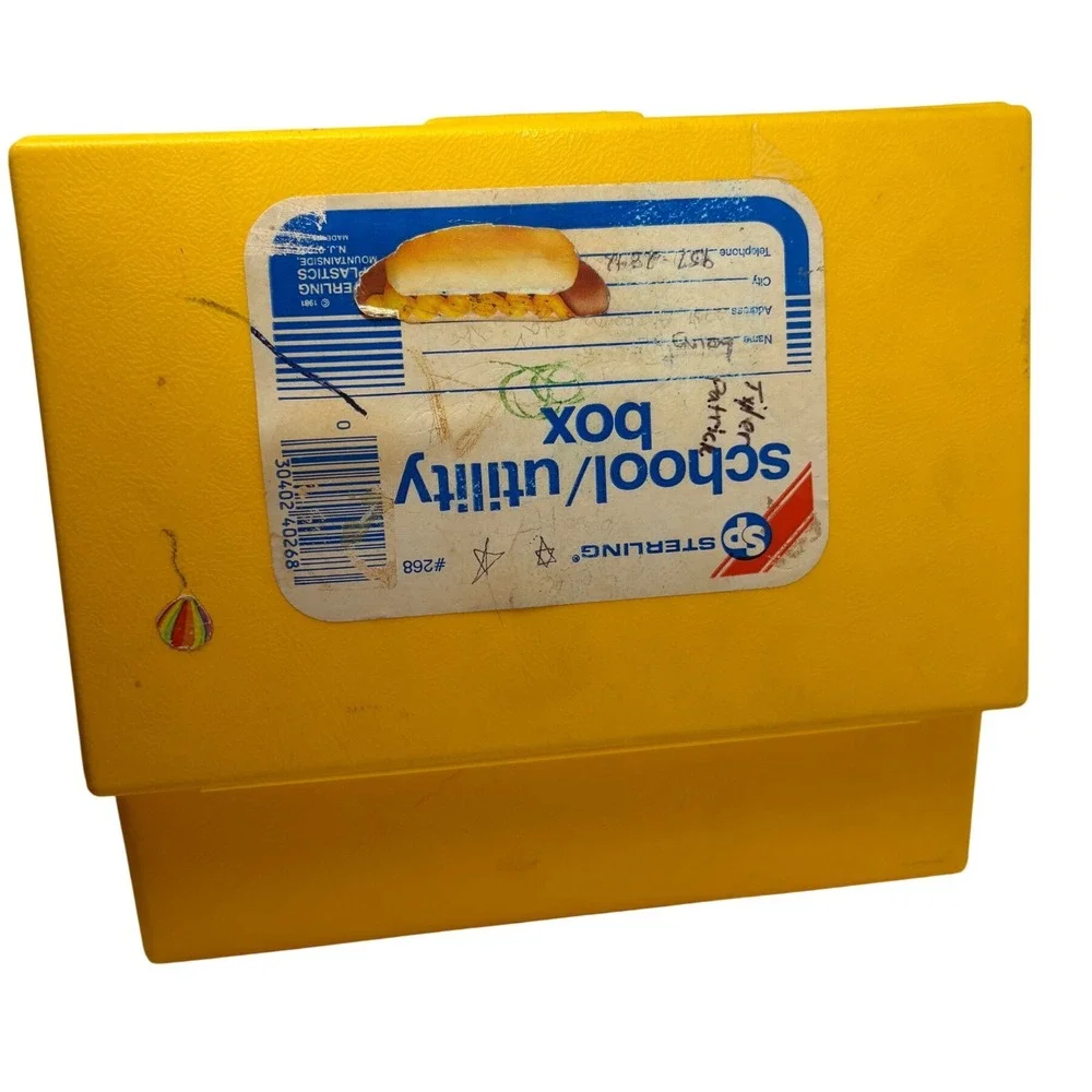 1980s Sterling Plastics Yellow School Utility Box 268 Hot‎ Dog Label 1981 USA